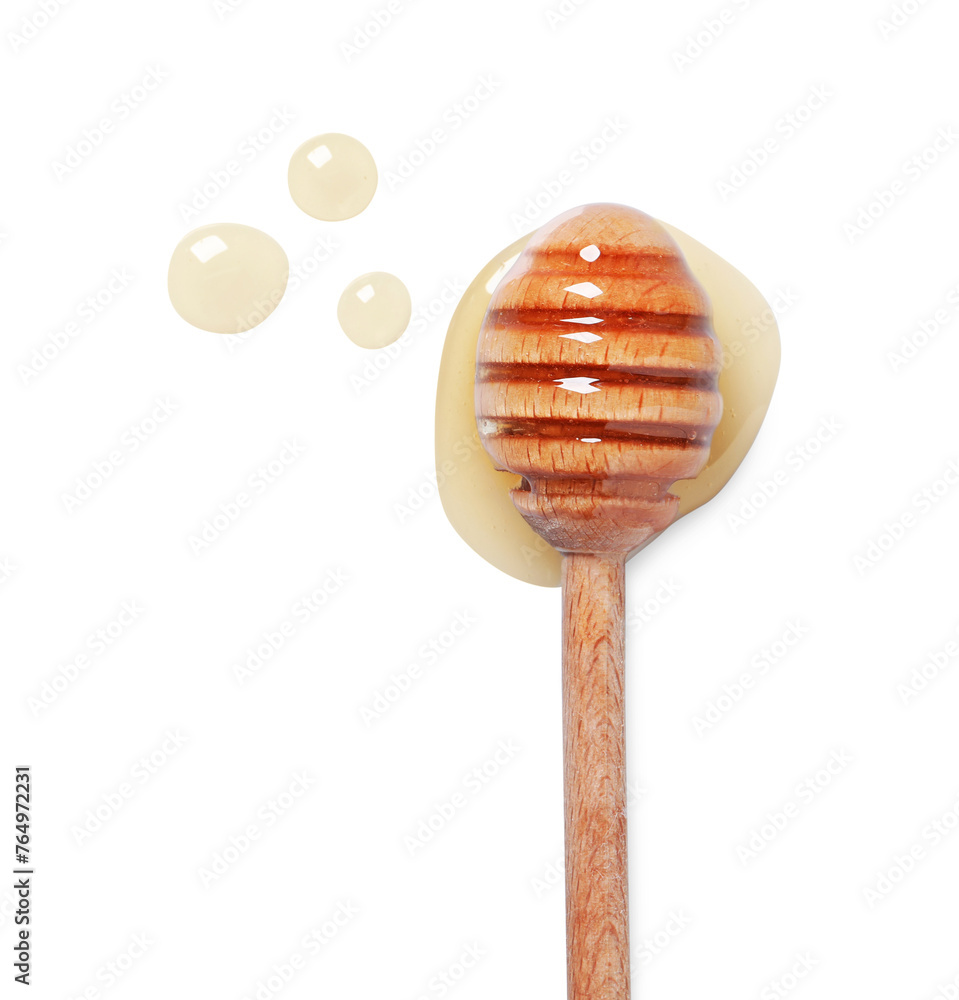Tasty natural honey and dipper on white background, top view Tasty natural honey and dipper on white background, top view
