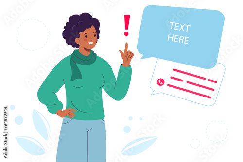 Young woman sharing promotional information. Index finger up. Empty speech bubble for the text. Place for a message or advertisement