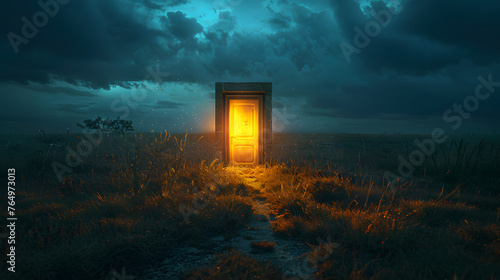 A mysterious glowing door in the sky, surrounded by a field of flowers and a dramatic cloudy sky.