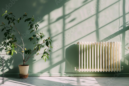 Cozy Indoor Scene with Plant, Radiator, and Sunlight Shadows