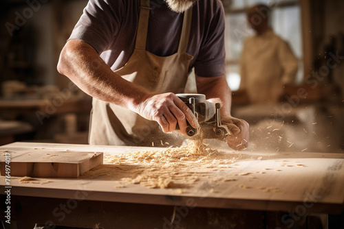 Craftsman Using Electric Planer in Woodworking Workshop