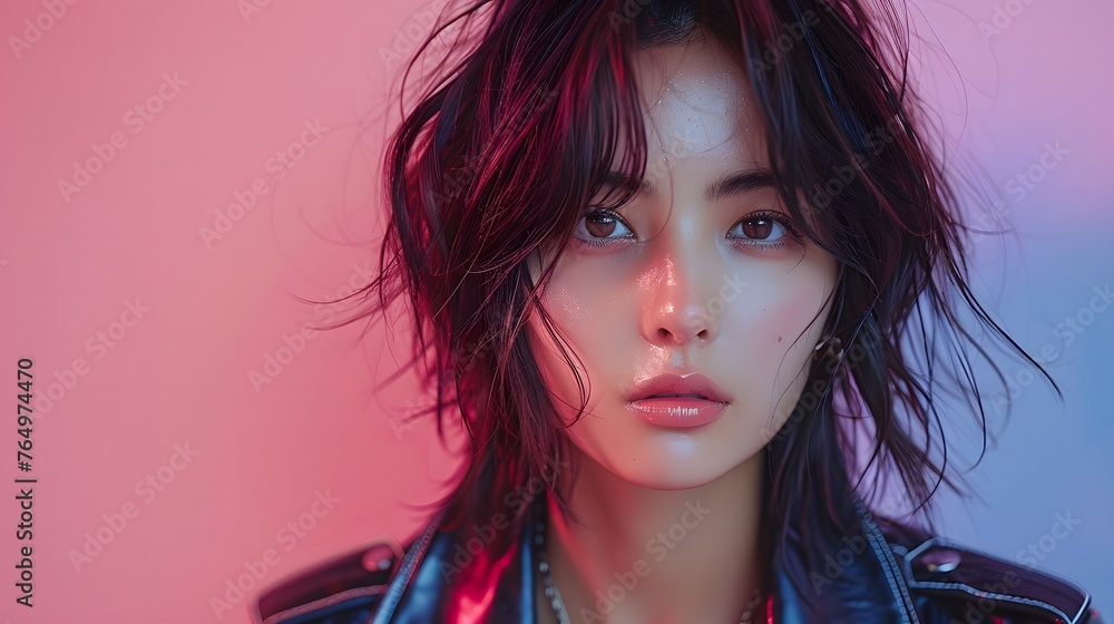 Fototapeta premium Confident asian Woman in Studio Portrait with purple background