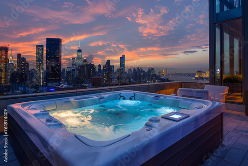 Luxurious Rooftop Hot Tub with Vibrant City Skyline at Sunset
