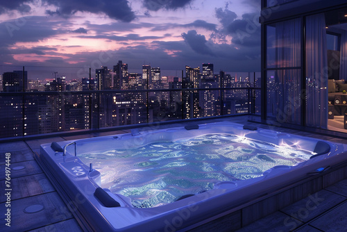 Luxurious Rooftop Hot Tub Overlooking Skyline at Twilight