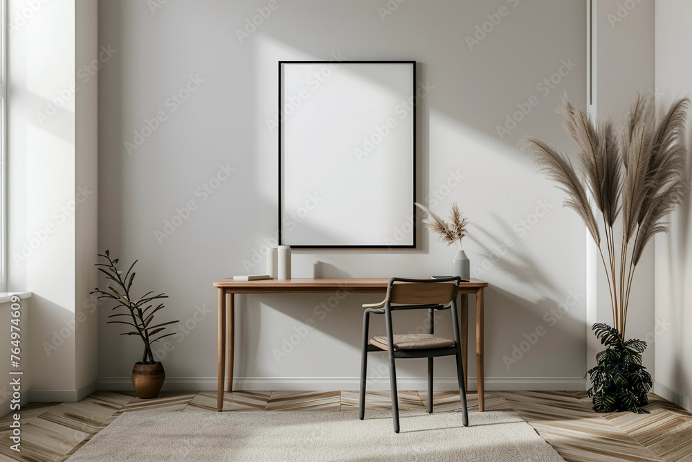 Mock up frame in Minimalist Modern Home Office with Wooden Desk and ...
