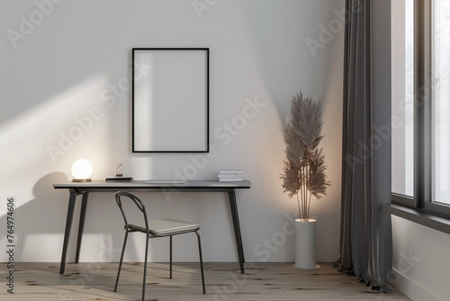 Mock up frame in Minimalist Modern Home Office Interior with Desk and Natural Light