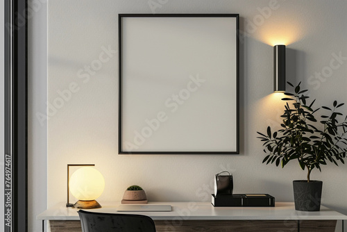 Mock up frame in Elegant Modern Minimalistic Home Office with Blank Picture Frame