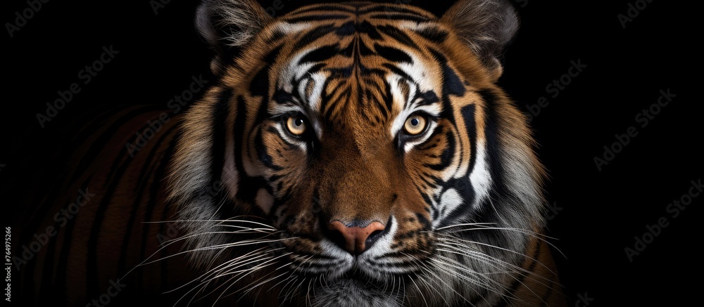 Take a detailed view of a tiger's face against a solid black background for a compelling and striking image. Take a detailed view of a tiger's face against a solid black background for a compelling and striking image.