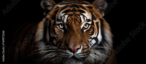 Take a detailed view of a tiger's face against a solid black background for a compelling and striking image.