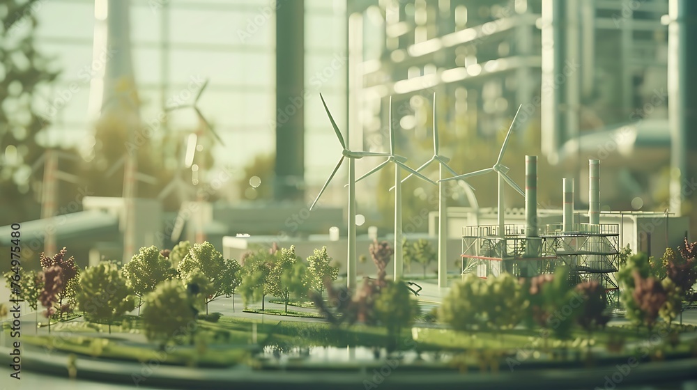 Sustainable Future: Capturing the Essence of ESG Principles through a Wind Turbine Model, Set Against the Blurred Backdrop of a Modern Office Environment