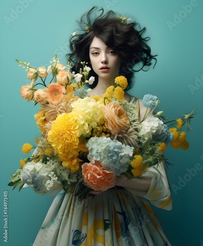 portrait of a beautiful woman with flowers on her head, in a romantic dress with flowers, veil, transparent fabric. turquoise background, pastel colors