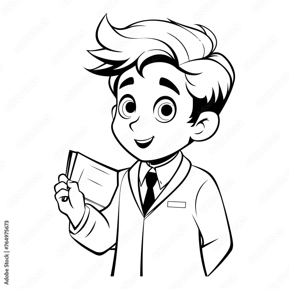 Vector illustration of a boy in a lab coat holding a book.