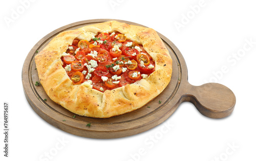 Tasty galette with tomato, thyme and cheese (Caprese galette) isolated on white