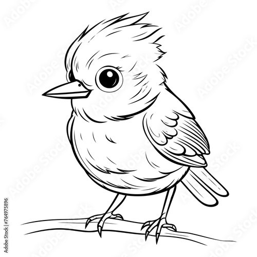 Bird on a branch. Black and white vector illustration for coloring book.