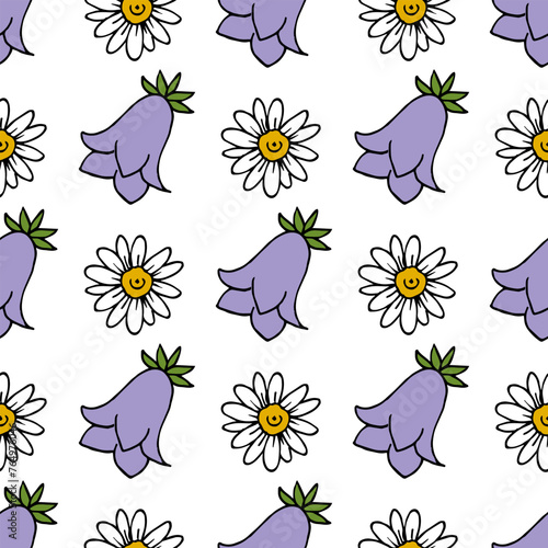 Seamless pattern in wondrous Campanula and Chamomile on white background. Vector image.