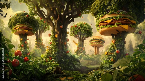 Garden landscape in a fantasy world with burgers and architecture