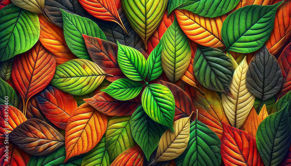 Multicolored leaves in a rich array, displaying an autumnal spectrum. Generative AI