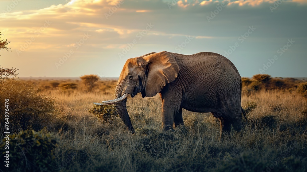 Fototapeta premium African elephant looking for food in the grassland
