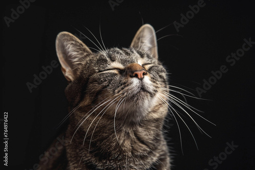 Tabby, cute, gray cat with closed eyes. A cat performs a feline reconciliation pose with his eyes closed and a peaceful expression on his face against a black background.
