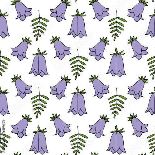 Seamless pattern in wondrous Campanula and green branches on white background. Vector image.