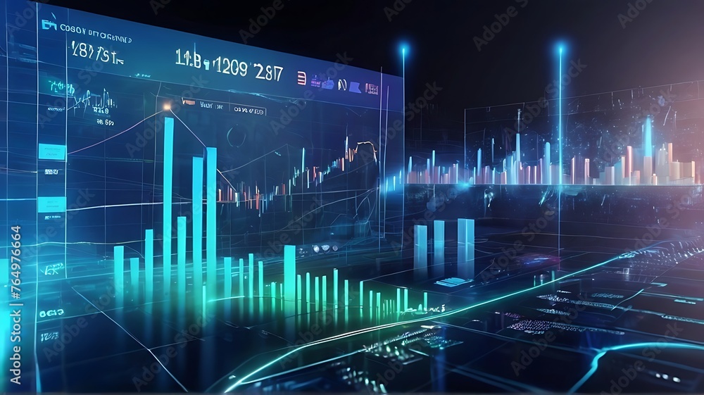 Blue Digital Stock Market Pulse: Illustration of stock market graphs resembling a heartbeat monitor, symbolizing the pulse of technology and finance in the city Blue Digital Stock Market Pulse: Illustration of stock market graphs resembling a heartbeat monitor, symbolizing the pulse of technology and finance in the city
