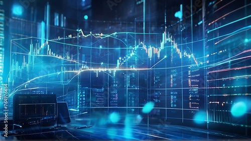 Blue Digital Stock Market Pulse: Illustration of stock market graphs resembling a heartbeat monitor, symbolizing the pulse of technology and finance in the city