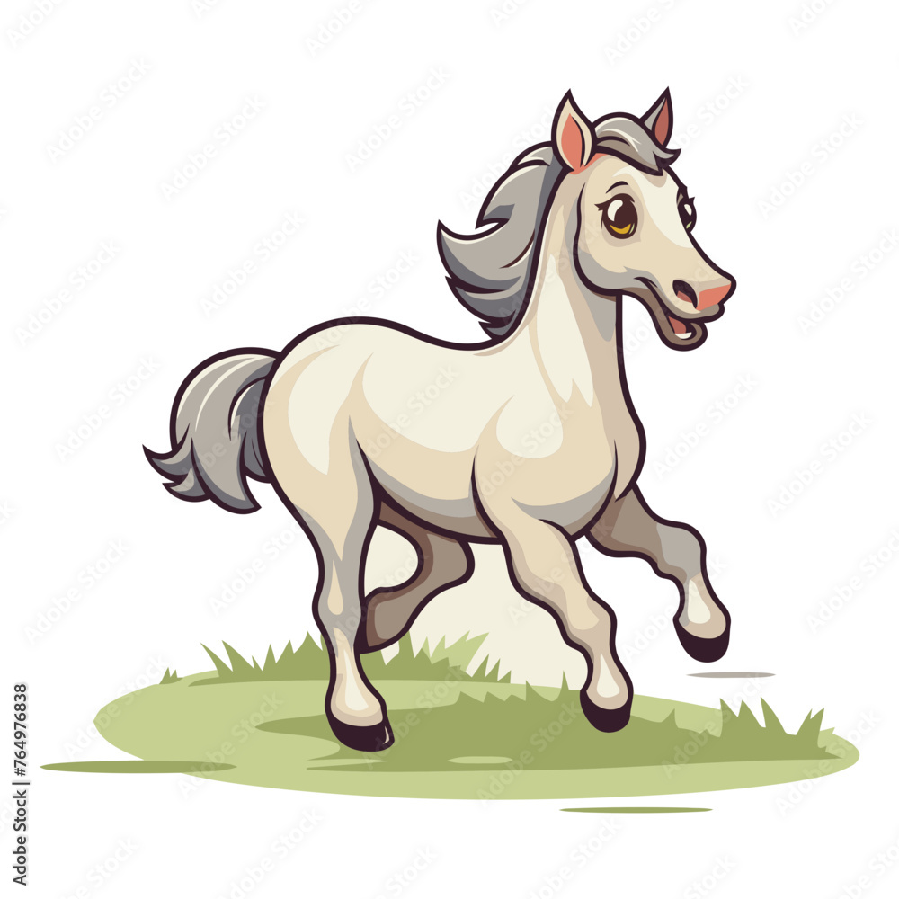 White horse running on the grass isolated on white background.
