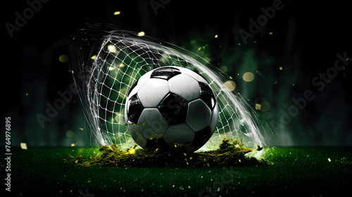 3d Render Of Soccer Ball Scoring Goal Illuminated By Stadium Lights Representing Triumph Background