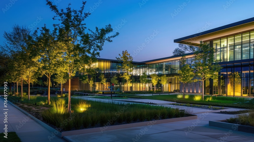 Night architecture outside nightfall, a building's exterior with lit trees and grass, modern luxury house with a landscaped garden,a night scene where a modern building