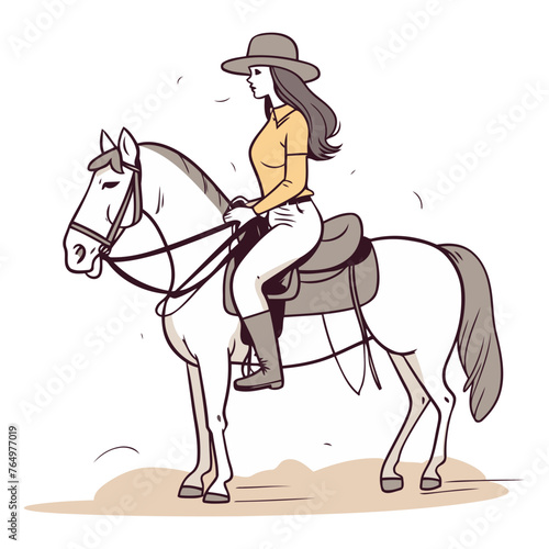 Vector illustration of a girl riding a horse on a white background.