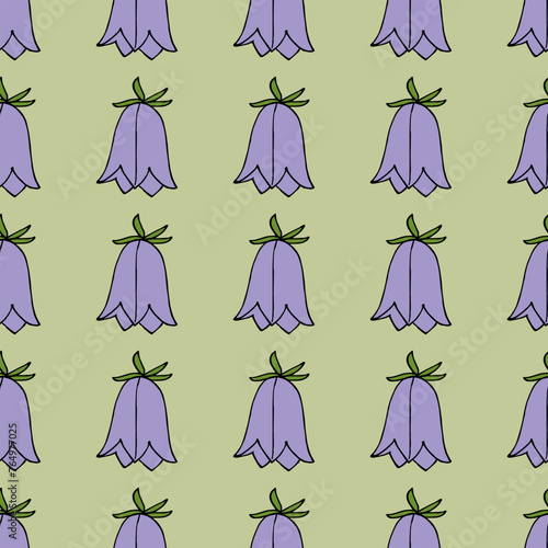 Seamless pattern in wondrous Campanula on light green background. Vector image.
