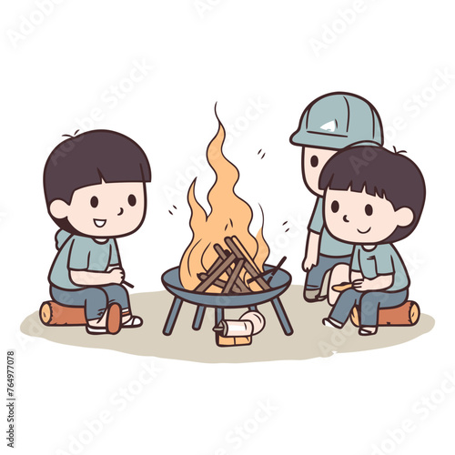 cute cartoon boys sitting around the campfire.