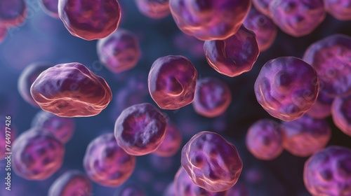 A cluster of purple organic cells depicted in a 3D illustration, ideal for medical and scientific educational materials.