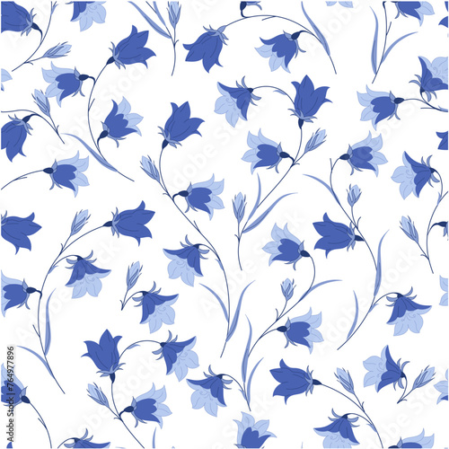 Floral seamless pattern with wildflowers. Vector seamless pattern with bluebell flowers and leaves. Botanical wallpaper. Floral design.