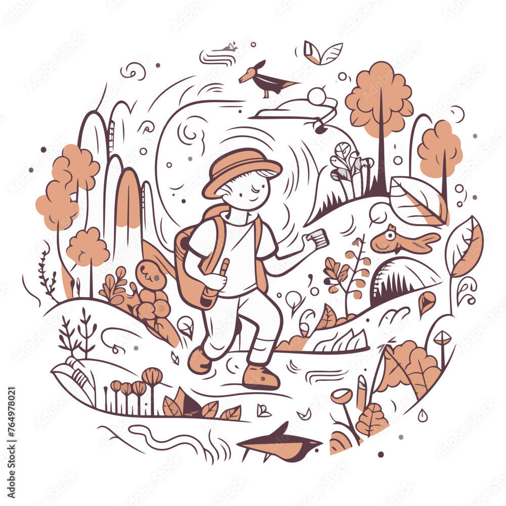 Vector illustration of a boy with a backpack walking in the forest.