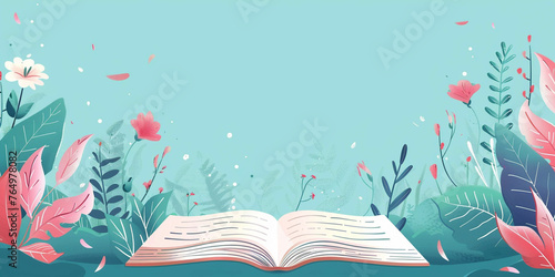An open book on a soft blue background, a banner for a book festival with copy space on the left in soothing colors