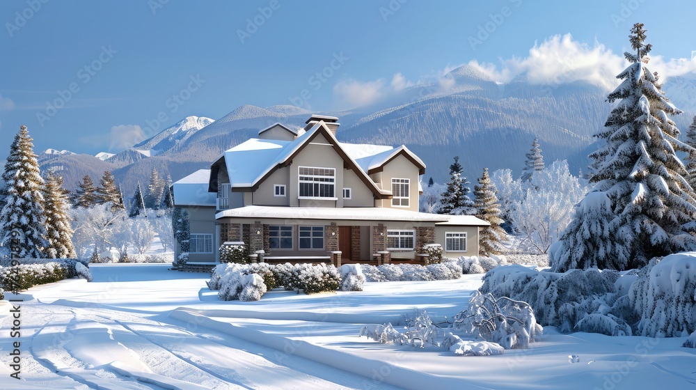 On a lovely winter day, a family home with a mountain outlook and a snowy front yard. New luxury home with large front yard.