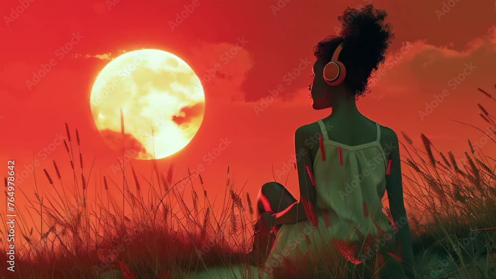 A woman is sitting on a hillside, looking at the sun. The sky is red and the sun is in the middle of the sky. The woman is wearing headphones and she is listening to music. The scene is peaceful A woman is sitting on a hillside, looking at the sun. The sky is red and the sun is in the middle of the sky. The woman is wearing headphones and she is listening to music. The scene is peaceful