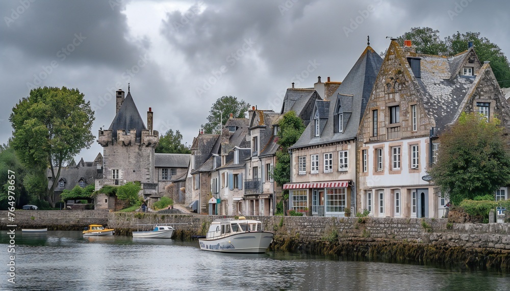 French Village by River with Boats and Historic Houses French Village by River with Boats and Historic Houses