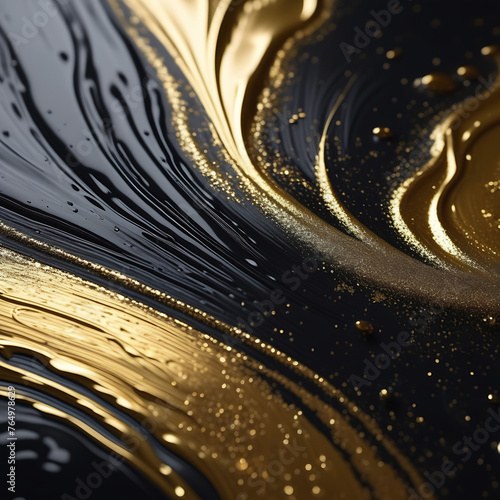 Gold oil paint flows on a black canvas, silver splashes and streaks of brilliant shine. Graphic, Marble image.