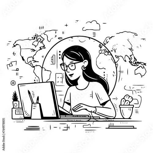 Freelance woman working at the computer. Vector line art illustration.