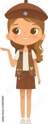 Young smiling girl scout wearing vest with badges isolated on white background. Female scouter, Brownie ligue Scout Girls troop
