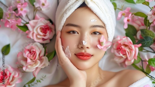 beautiful japanese woman in a spa having facial cleansing in a spa with flowers © Marco