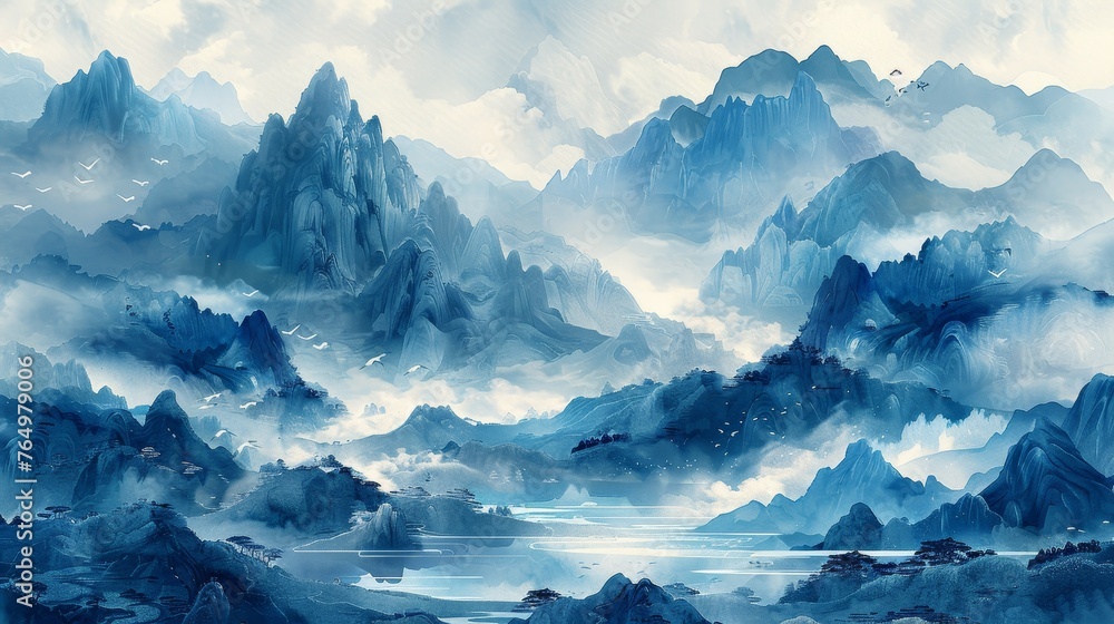 An abstract art landscape with mountains, oceans, and geometric patterns in vintage style with Chinese cloud decorations.