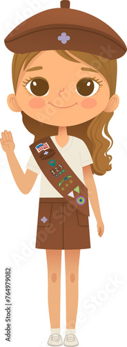 Young smiling girl scout wearing sash with badges isolated on white background. Female scouter, Brownie ligue Scout Girls troop