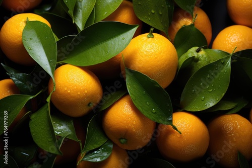 Fresh orange fruits with leaves as background plan upper view neural network gener, generative IA photo