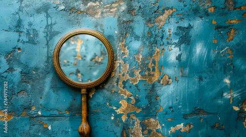 Vintage hand mirror against peeling blue paint wall