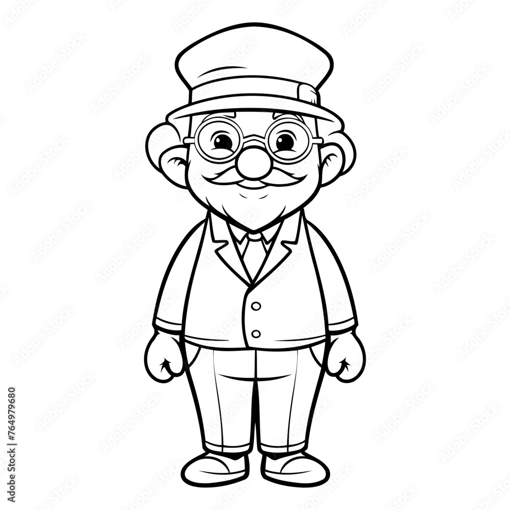 Black And White Cartoon Illustration of Grandfather Mascot Character