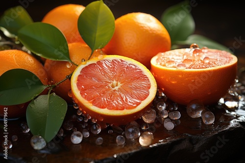Orange whole fruits with sliced ??tangerine placed on a stone., generative IA