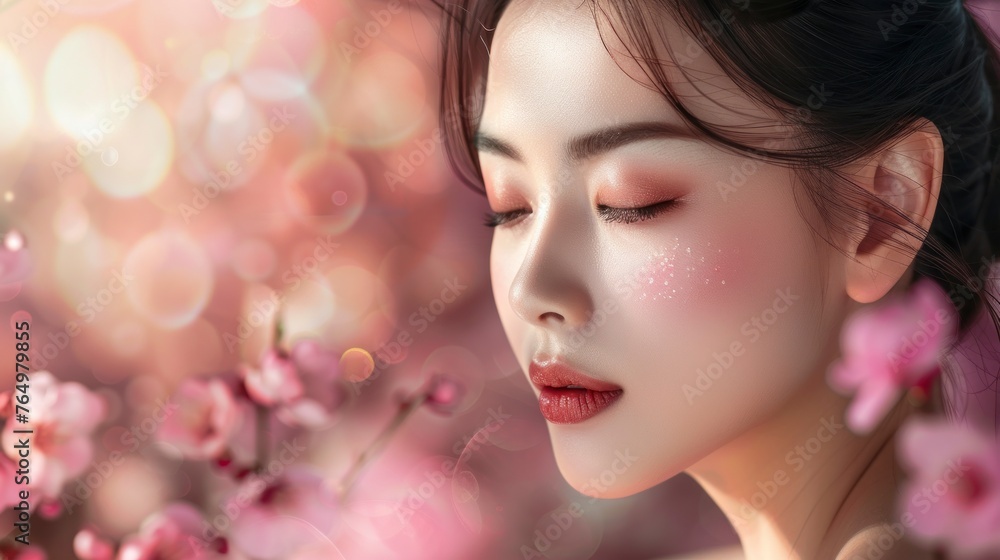 portrait of a beautiful japanese woman. perfect skin concept on pink leaf style background in high resolution and high quality portrait of a beautiful japanese woman. perfect skin concept on pink leaf style background in high resolution and high quality